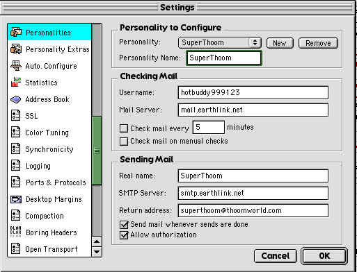 E-mail settings in Eudora 5 for Earthlink account.